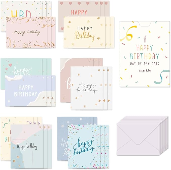Monolike Day by Day Card, 107 Happy Birthday Sparkle - Mix 48 Mini Single cards, 24 envelopes Package