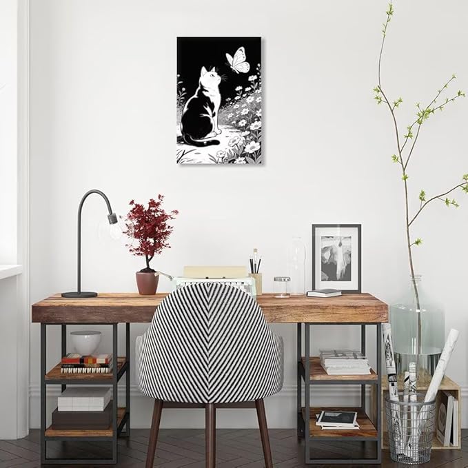 Cats Butterflies in Flowers Canvas Poster Vintage Minimalist Nature Wall Art Trendy Black White Aesthetic Painting Prints Modern Animal Home Decor for Bedroom Living Room 20x30inch Unframed