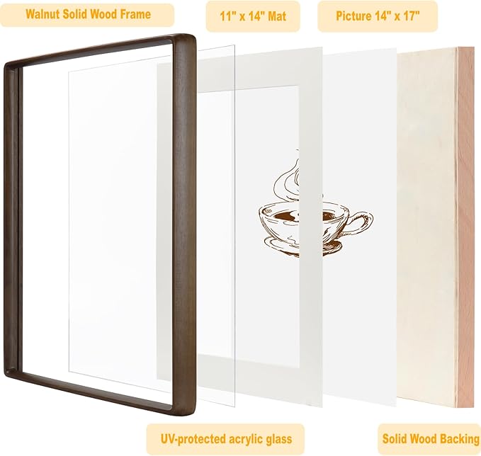 HELPLEX 12x16 Premium Picture Frame Set of 2 - Solid Walnut Wood, UV-Blocking Plexiglass, Convertible 8.5x11 Matted or 12x16 Open Display - Wall Art Gallery & Luxury Home Decor