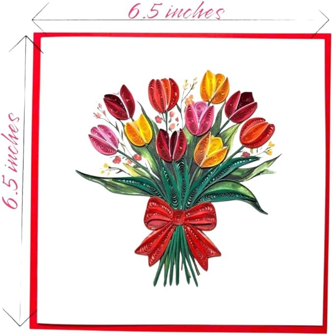 Handmade Quilling Tulip Greeting Card – 3D Pop-Up Floral Card with Red Envelope – Blank Inside – Birthday, Mother’s Day, Father's Day, Valentine’s, Anniversary, Thank You, Get Well