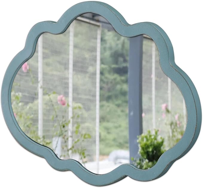Small Blue Wall-Mounted Mirrors 12 X 16 Inch, Wood Frame Cloud Teal Mirror Decor for Living Room Hallway, Wall Hanging Handmade Distressed Finish Decorative Cute Nursery Mirrors for Wall Boy