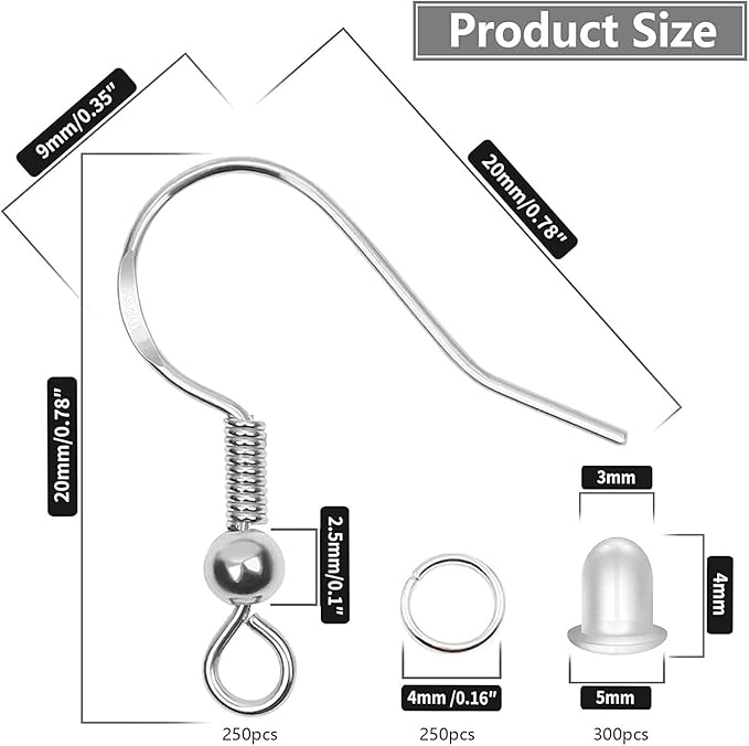 Hypoallergenic Earring Hooks 800 PCS/125 Pairs, Silver Plated Fish Hooks,500pcs Earring Making Kit with Jump Rings and Clear Silicone Earring Backs Stoppers for DIY Jewelry Making
