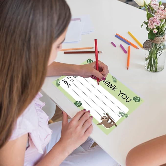 Andaz Press Kids Fill in the Blank Thank You Cards - 20 Cards Including Envelopes Sloth Gender Neutral Note Cards For Boys Girls Birthday Party Thank You Notes for Friends, Family, and Party Guests