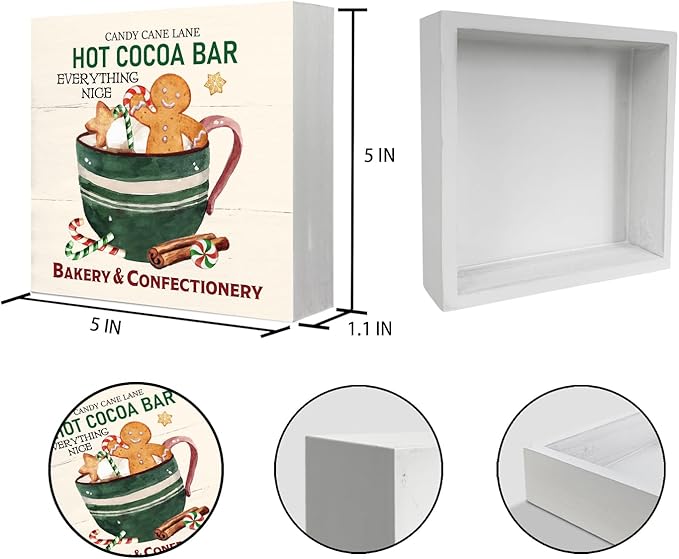 Christmas Gingerbread Decorations Wooden Box, Mini Coco Wood Sign, Hot Cocoa Bar Sign, Gingerbread Christmas Decor for Kitchen Home Table Desk, 5x5