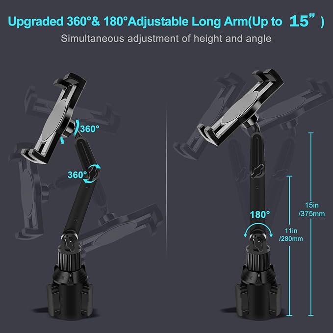 Cup Holder Car Tablet Mount for Truck, 360° Adjustable 15" Long 2-Arm Stand Holder for iPad Pro 12.9/11/10.5/9.7/Air/Mini 6/5/4, Samsung Galaxy Tab/Z Fold 6/5/4, iPhone 17/16/Pro, 4.7-12.9" Tab &Phone