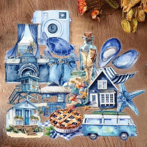 50PCS Transparent Blue Beach Stickers Aesthetic PET Stickers Blue Ocean Decal Waterproof Decorative Decals for Scrapbook DIY Crafts Album Bullet Journal Planner Water Bottles Laptop Phone (Blue-A) - Image 3