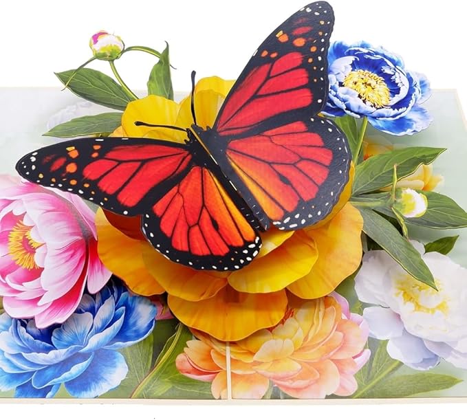 3D Pop Up Greeting Card – Vibrant Butterfly with Colorful Peony Flowers – Unique Card for Birthday, Mother’s Day, Anniversary & Special Occasions, F61