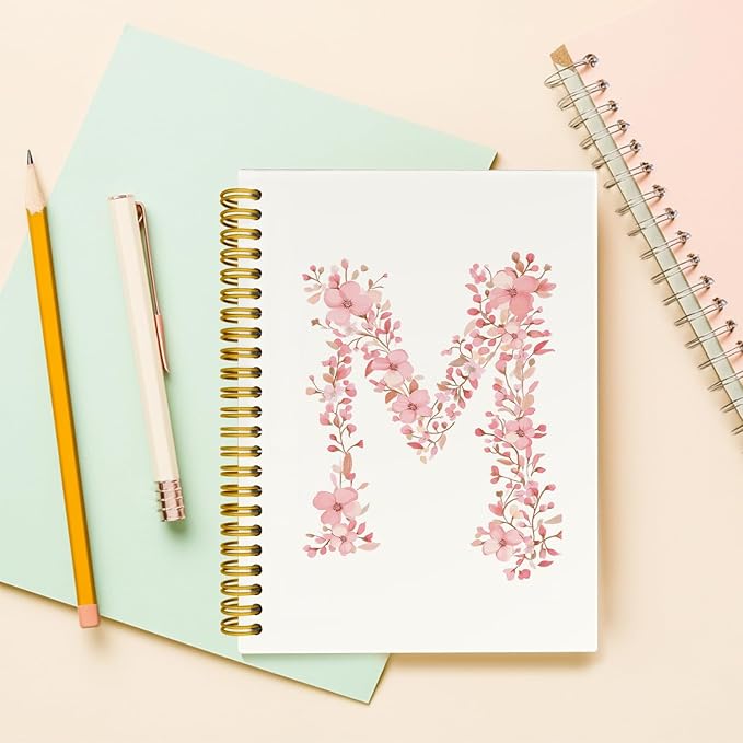 Pink Cute Spiral Notebook Journal, Preppy Floral Initial Letter M Personalized Journaling Notebooks, Monogrammed Gifts for Women Girls, Botanical Hardcover Spiral Lined Notebook 5.5 x 8.3