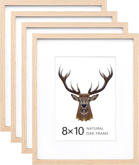 KINLINK 8x10 Frames Natural Oak Wood Frames with Acrylic Plexiglass, 4 Pack