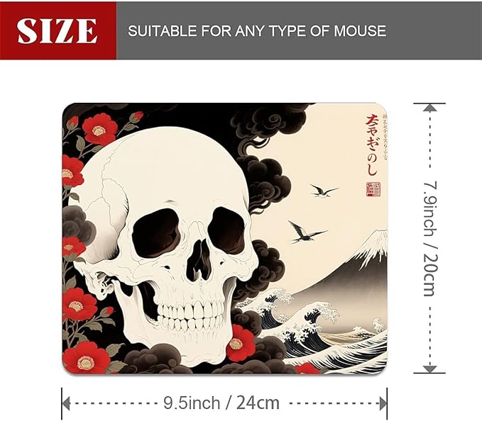 Square Mouse Pad Waves and Skulls, Personalized Premium-Textured Custom Mouse Mat Design, Washable Mousepad Cloth, Non-Slip Rubber Base Computer Mouse Pads for Wireless Mouse