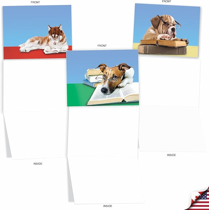 The Best Card Company - 10 Blank Dog Greeting Cards for All Occasions (4 x 5.12 Inch) - Reading Eye Dogs M3967