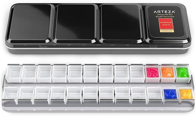 ARTEZA Empty Watercolor Palette Tin, 24 Half Pans, Customizable Portable Empty Half Pans for Watercolor Paints