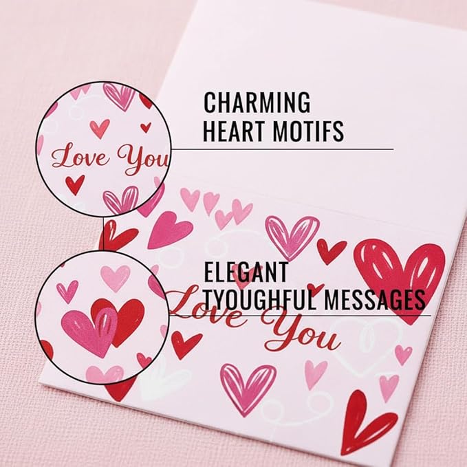Couples Romantic Heartfelt Paper Love Cards Set 6 Mini Greeting Notes with Envelopes, Express Affection for Any Occasion