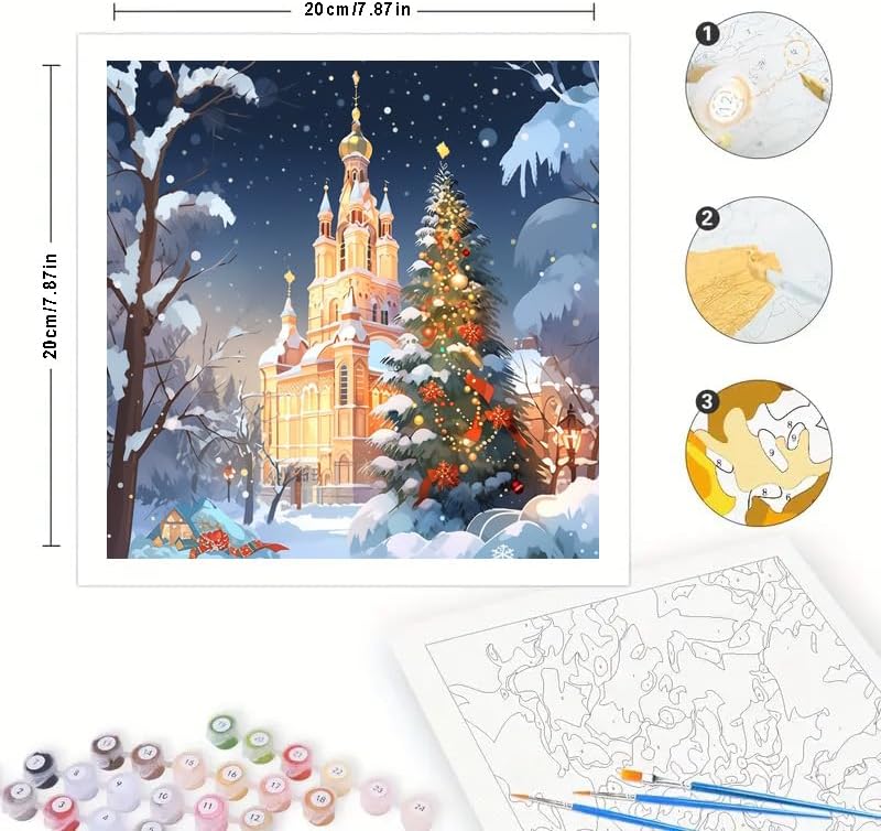 Christmas Church Paint by Numbers Kit for Adults - DIY Snowy Cathedral and Tree Painting on Canvas 7.87x7.87in, Framed Acrylic Paint Set, Suitable for Beginners, Art for Home Decoration or Gifts - Image 2