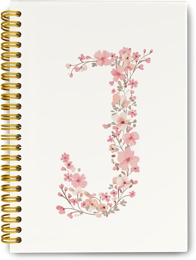 Pink Cute Spiral Notebook Journal, Preppy Floral Initial Letter J Personalized Journaling Notebooks, Monogrammed Gifts for Women Girls, Botanical Hardcover Spiral Lined Notebook 5.5 x 8.3