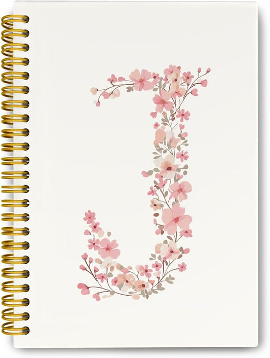 Pink Cute Spiral Notebook Journal, Preppy Floral Initial Letter J Personalized Journaling Notebooks, Monogrammed Gifts for Women Girls, Botanical Hardcover Spiral Lined Notebook 5.5 x 8.3