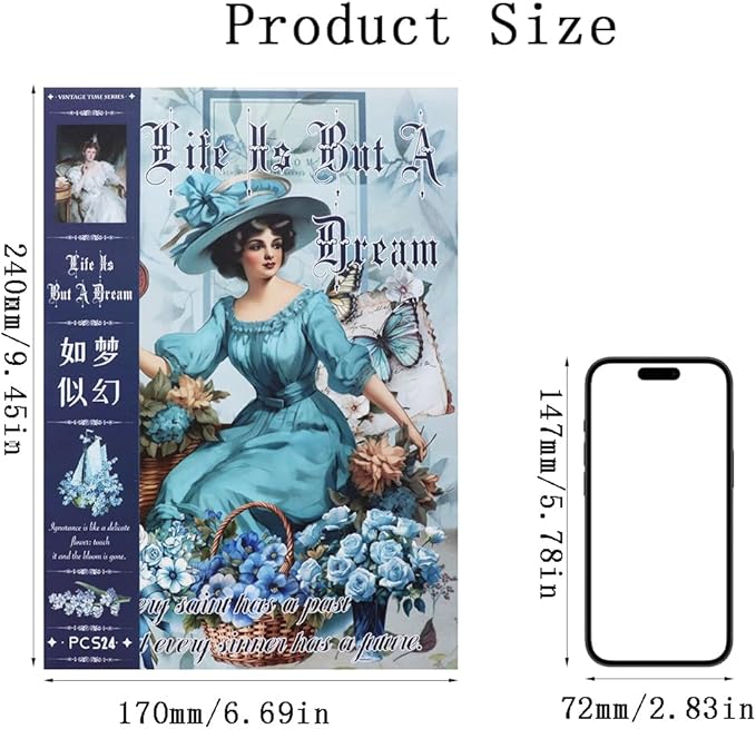 Vintage Stickers for Scrapbooking, Junk Journal - 24 Sheets Washi Sticker, Victorian Journal Stickers Book for Women, Self-Adhesive Scrapbook & Junk Journal Supplies (Blue)