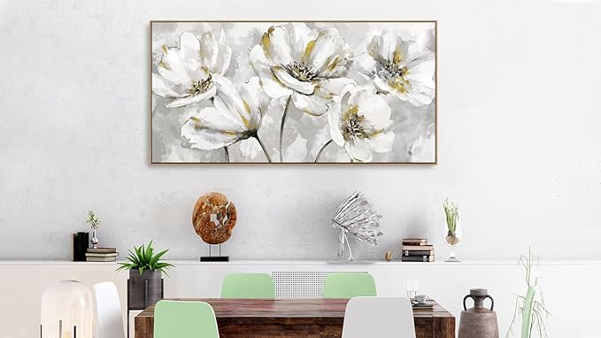 arteWOODS Flowers Framed Wall Art - Gray White Flowers with Yellow Accents Canvas Pictures Wall Decor Botanical Painting Artwork Elegant Floral Prints Living Room Bedroom 40 x 20in Natural Wood Frame