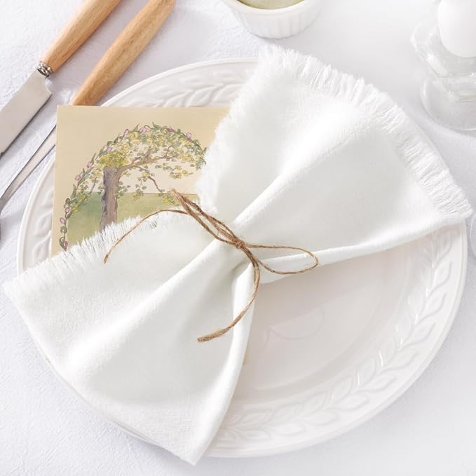 12 Pack Ivory White Cotton Linen Napkins with Fringe Christmas White Cloth Napkins Set of 12 Boho Handmade Dinner Napkins Bulk for Wedding Bridal Baby Shower Valentine's Day, 17 x 17 Inches