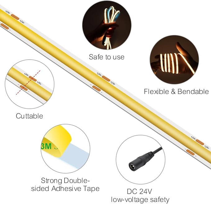 32.8FT COB LED Strip Light 24V4000K RA90+ Flexible High Bright Dimmable LED Tape, 8mm Width Strip Light with 3840 LEDs for Home Indoor Lighting Decor (Without Power Supply or Adapter)