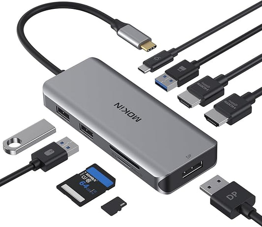 Docking Station, USB C Adapter, 9 in 1 Triple Display Multiport Dongle with 2 HDMI 4K, DisplayPort, 3 USB, 100W PD, SD/TF Card Reader for MacBook Pro Air Type C Laptops