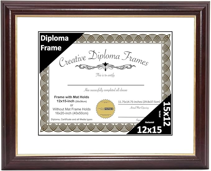 Creative Picture Frames 12x15 Mahogany Gold Rim Diploma Frame with White Mat Glass and Installed Wall Hangers | Frame Holds 16x20 Media without Mat
