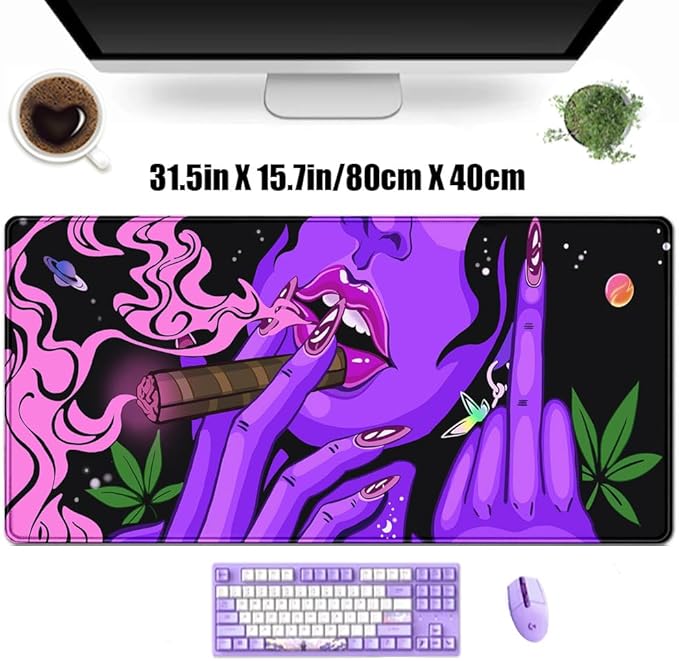 Anime Neon Mouse Pad Cool Girl-31.5x15.7in-Funny Hippie Hippy Desk Mat Trippy Purple Pink Black Art -Gaming Desktop-Desk Protector-for Women Home Office Working
