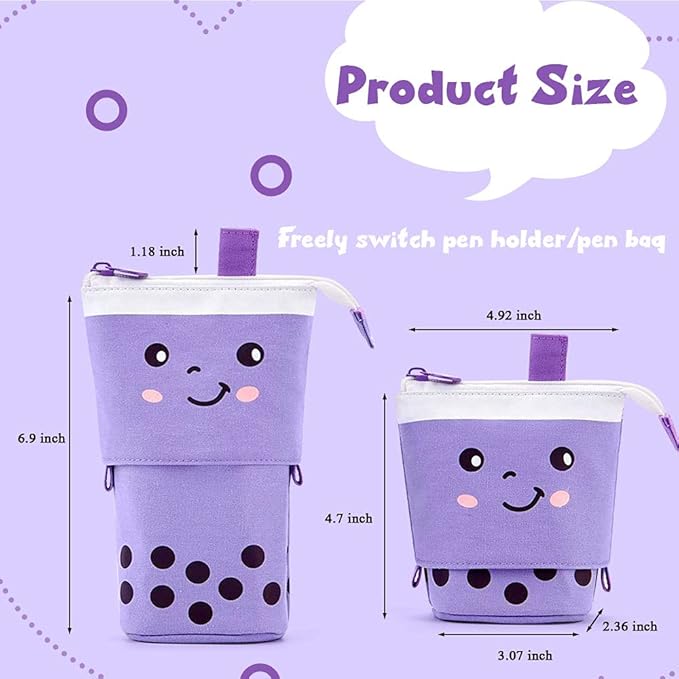 Cute Standing Pencil Case Pen Holder for Kids, Pop Up Stand UP Bubble Tea Pen Organizer Kawaii Stationary for Christmas Holiday New Year Office (Purple)