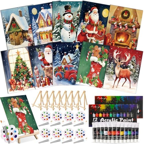 Ctosree 72 Pcs Christmas Paint and Sip Kit for Adults 8'' x 10'' Pre Drawn Canvas for Painting DIY Pre Printed Canvas for Party Favor Afro Acrylic Painting Kit Wood Easel Brushes Date Night Bulk by Ctosree