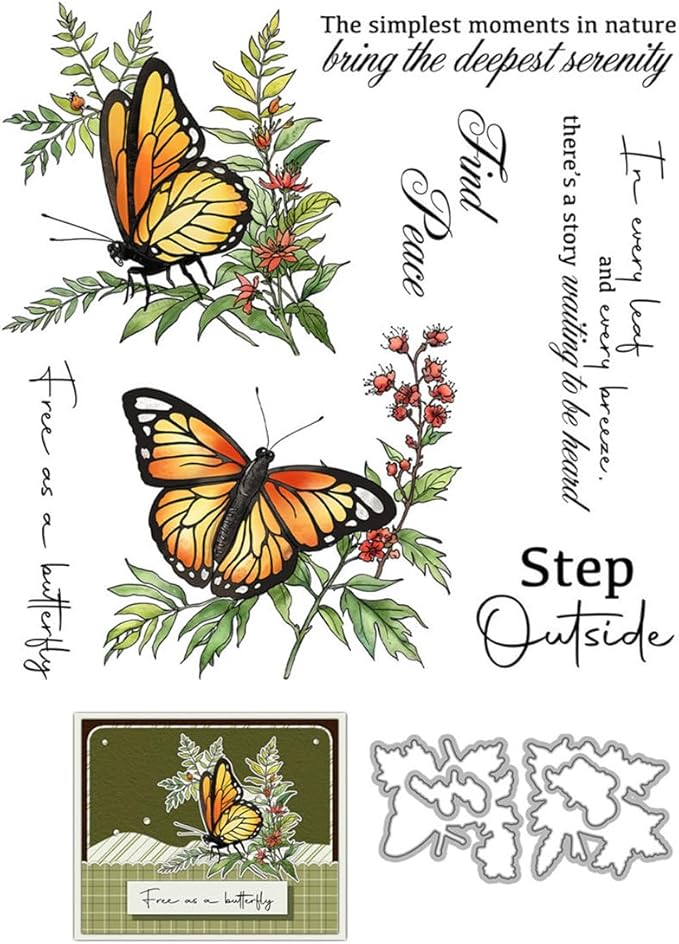 Butterfly Flower Grass Stamps and Cutting Dies for Card Making DIY Transparent Silicone Clear Stamp and Metal Die Cuts Sets for Scrapbooking Paper Greeting Cards Decor Seals Craft Supplies