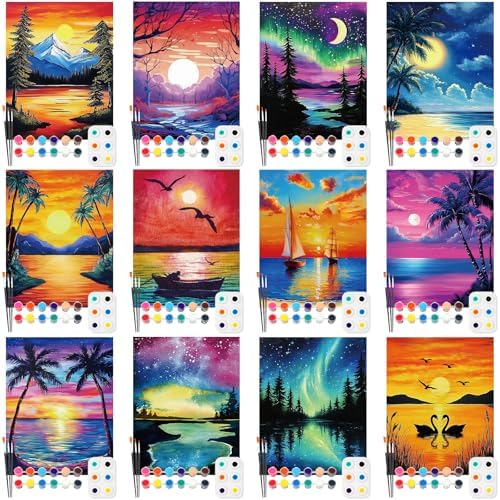 Ctosree 12 Pack Paint and Sip Kit Pre Drawn Canvas, Summer Sunset, 10x8'' by Ctosree