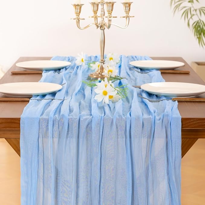 Socomi 3pcs Blue Valentine's Day Cheesecloth Table Runner Boho Rustic Gauze 120 inch 10FT Cheese Cloth Runner for Wedding Party Baby Shower Birthday Home Decor Holiday Decorations