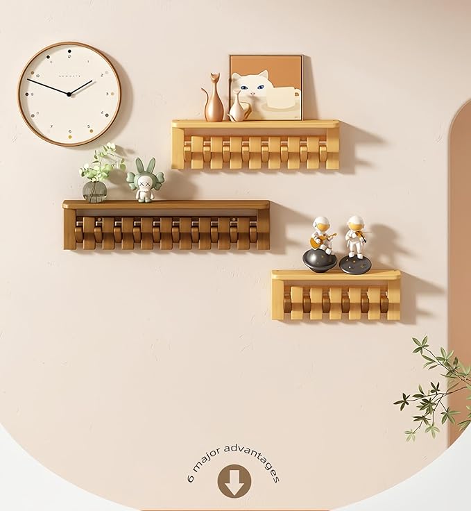 Wall Mounted Coat RackHooks Piano Key Hangers Natural Solid Wood Hanger Non-Woven Fabric Clothes Hangers for Closet, Kitchen, Bedroom, Bathroom, Entryway (Tray-Beech, 12 Hooks)