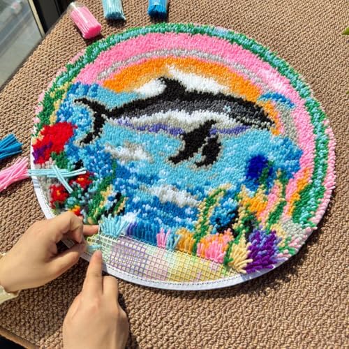 MeoobkCraft Latch Hook Rug Kits for Adults, Dolphin Latch Hook Kit, Ocean DIY Beginner Craft, Home Decor 19.7x19.7in - Image 3