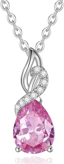 FANCIME 14K Solid White Gold Teardrop Pendant with Diamond Birthstone Necklace