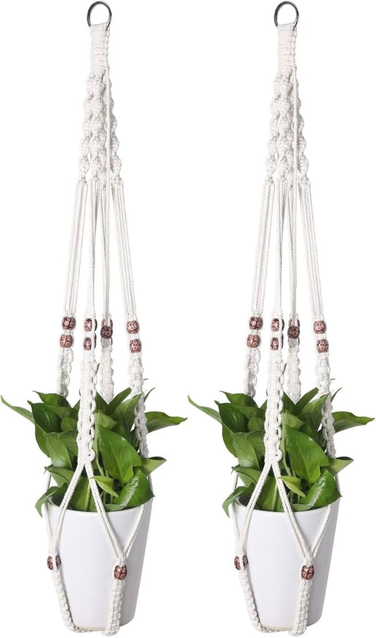 Flexzion 2 Pack White Macrame Plant Holder - 35 Inch Pot Hangers for Plants with C & S Hooks, Indoor Hanging Plant Holder with Woven Cotton Rope for Home Decor (Plant Pot Not Included)