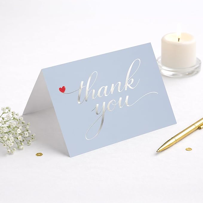 Cheerin 24 Pack Light Blue Thank You Cards With Envelopes Set - Elegant Silver Foil Thank You Notes for Wedding, Birthday and Baby Shower - Bulk Appreciation Cards 3x5 inch