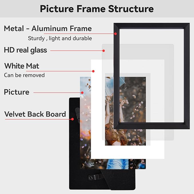 3x5 Picture Frame Set of 3, Black Aluminum Metal Photo Frames with HD Glass, Fits 2x3 with Mat or 3 x 5 without Mat, Display for Wall and Table