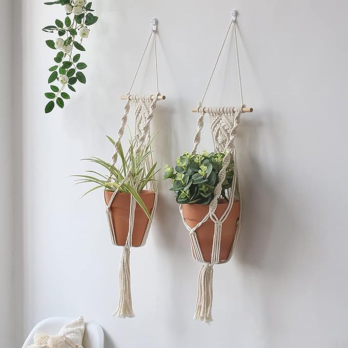 Artilady Boho Macrame Plant Hangers - Handmade Hemp Rope Hanging Baskets for Plants with Ceiling Hooks, Bohemian Home Decor Wall Art