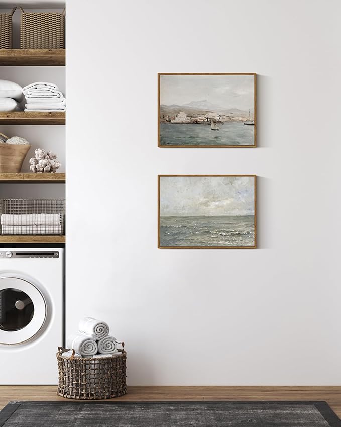 VIYYIEA Ocean Framed Wall Art, View of the Port Vintage Art Decor Room Aesthetic, 12x16 Inch Canvas Print Artwork, Sea Landscape Painting Wall Decor for Bedroom Bathroom Office