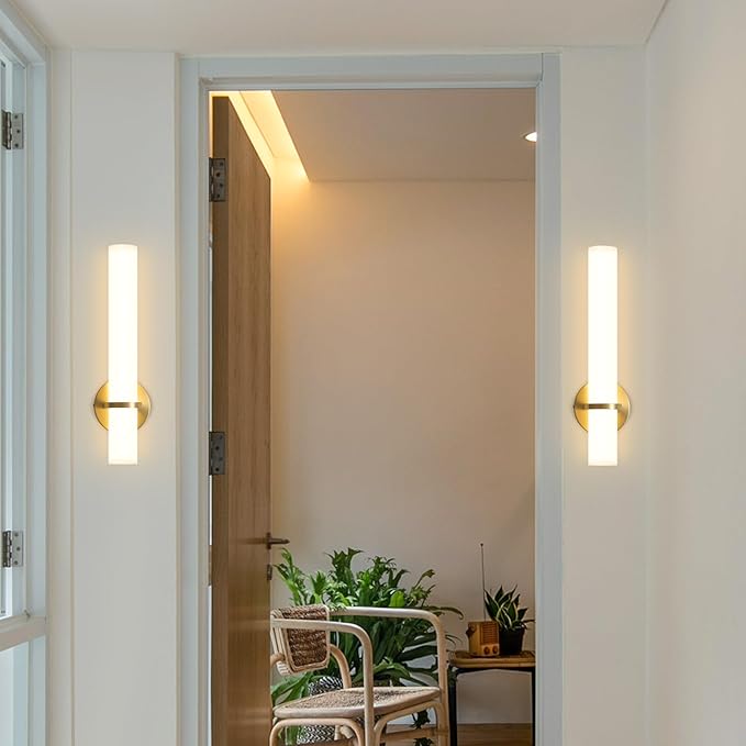 LED Dimming Wall Sconces 8W, 3000K Warm Lights Dimmable, White Lampshade Bathroom Vanity Lighting Wall Light Fixtures for Bedroom Dining Living Hallway, Antique Gold