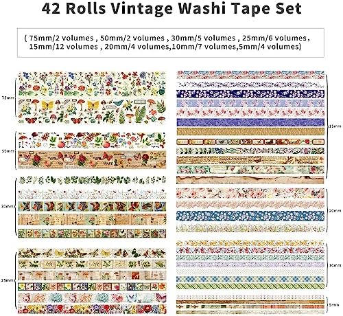 42 Rolls Vintage Washi Tape Set, Floral Letter Butterfly Mushroom Botanical Flower Writable Decorative Tapes for Scrapbooking , Junk Journal Supplies, Bullet Journaling 5-75mm Wide 9.84ft long/Roll - Image 2