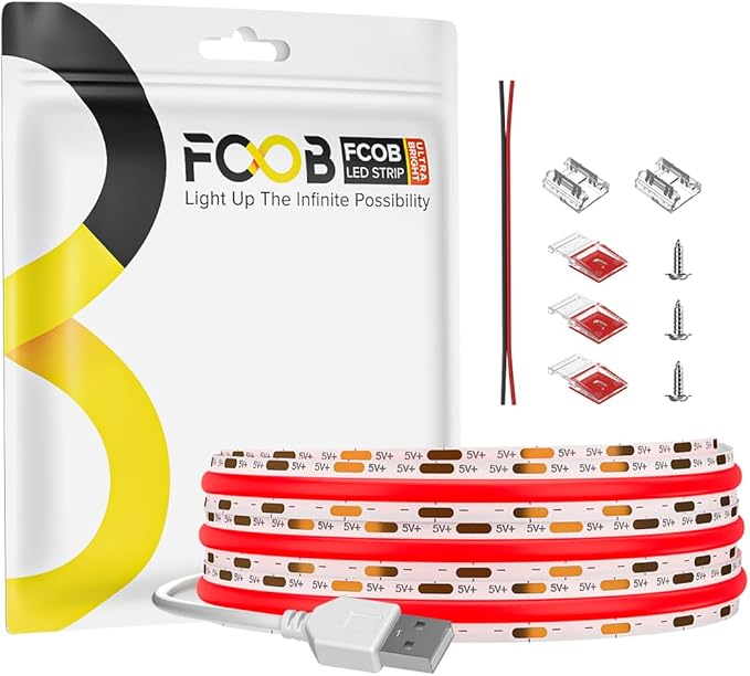 6.56FT/2M 5V USB LED Light Strip Red Flexible High Density COB Strips 640LEDs, 8mm LED Tape for Under Cabinet Bedroom No Controller and Power