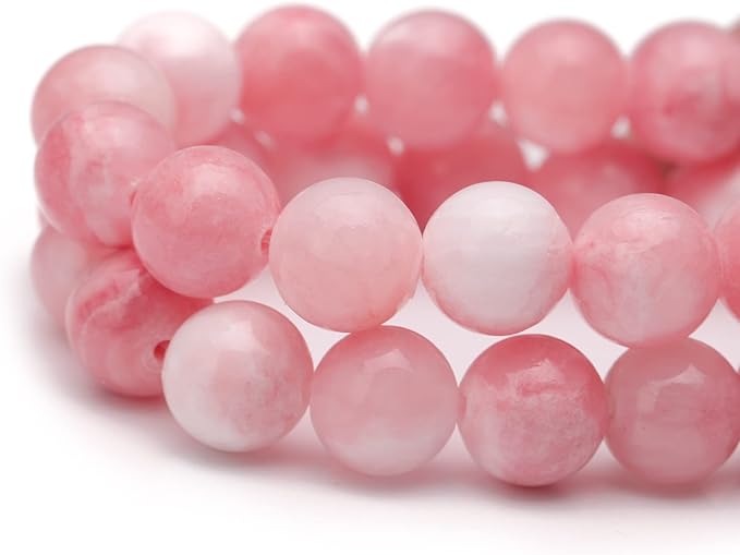 Youngbling Natural Gemstone Beads for Jewelry Making,6mm Pink White Jade Polished Round Smooth Stone Beads for Bracelet Necklace 15 Inch