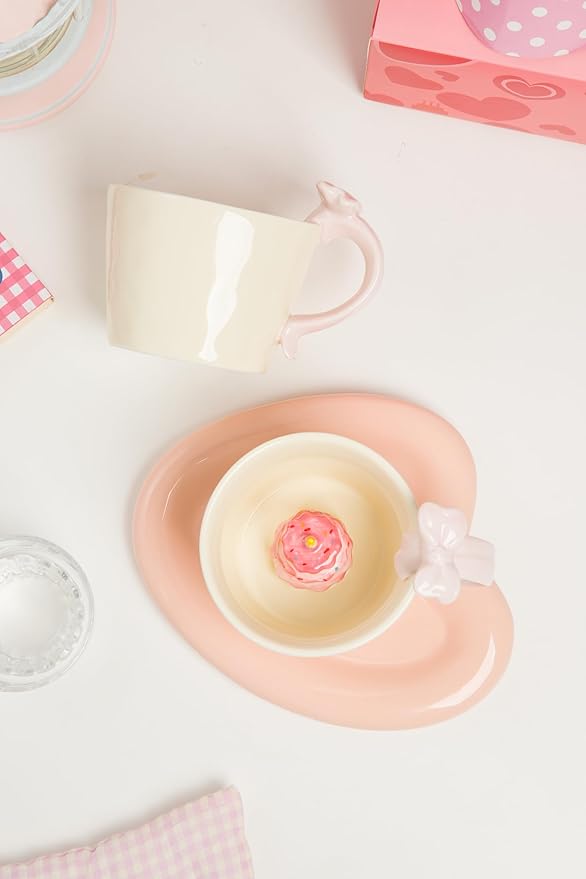 DIHOclub Ceramic Coffee Mug with Birthday Cake & Bow Handle, Giftable Novelty Tea Cup for Birthday Anniversary (Cream)