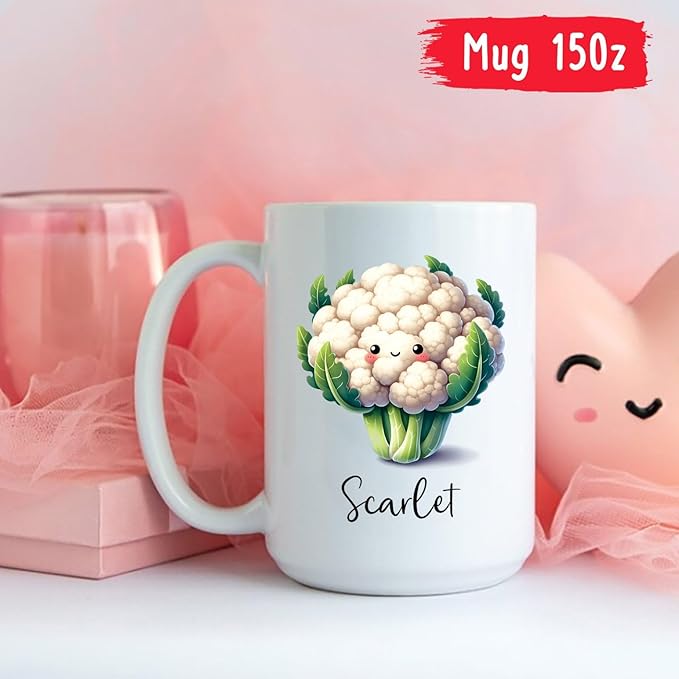 Cauliflower Mug, Personalized Cute Cauliflower Coffee Cup Choose Name, Cauliflower Gift, Custom Vegetable Travel Mugs Gifts For Cauliflower Lovers, Vegan Fans Cups, Cauliflower White Mug 11oz 15oz