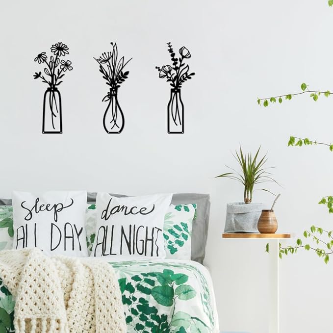 Bochino 3 PCS Metal Flowers Wall Arts, Rustic Farmhouse Decor Minimalist Flower Wall Decors for Living Room Bathroom Bedroom Dining Room Kitchen, Perfect Housewarming Gifts (O-Black)