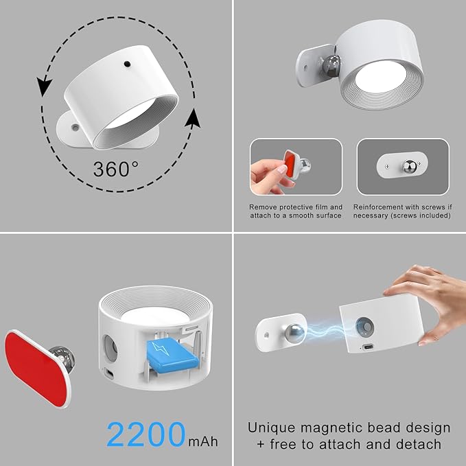 Romote LED Wall Sconce - Rechargeable Wall Light, 3 Colors & 3 Brightness Levels, 360° Magnetic Rotating Head, Bedside Reading Lamp, Easy Install Battery Operated Wall Lamp Black Pack of 2