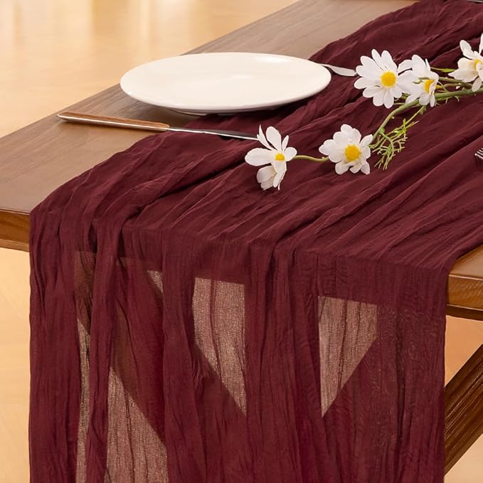 Socomi 10pcs Burgundy Red Valentine's Day Cheesecloth Table Runner Boho Rustic Gauze 120 inch 10FT Cheese Cloth Runner for Wedding Party Baby Shower Birthday Home Decor Holiday Decorations