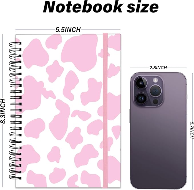Spiral Notebook,Hardcover Journal Wide Ruled Spiral Notebook,A5 5.5 x 8.3 Inch,80GSM Thick Paper 60 Sheets 120 Pages for Girls Women School Office Aesthetic Cute-Pink Cow